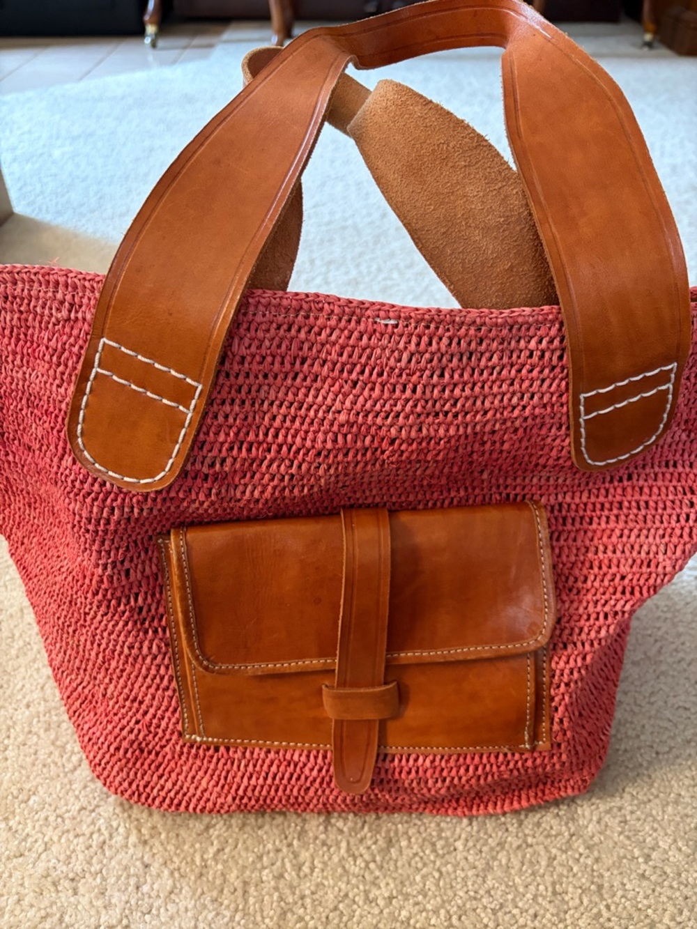 Women's Orange/Coral Woven Straw w/Genuine Leather Thick Dual Handles Tote Bag